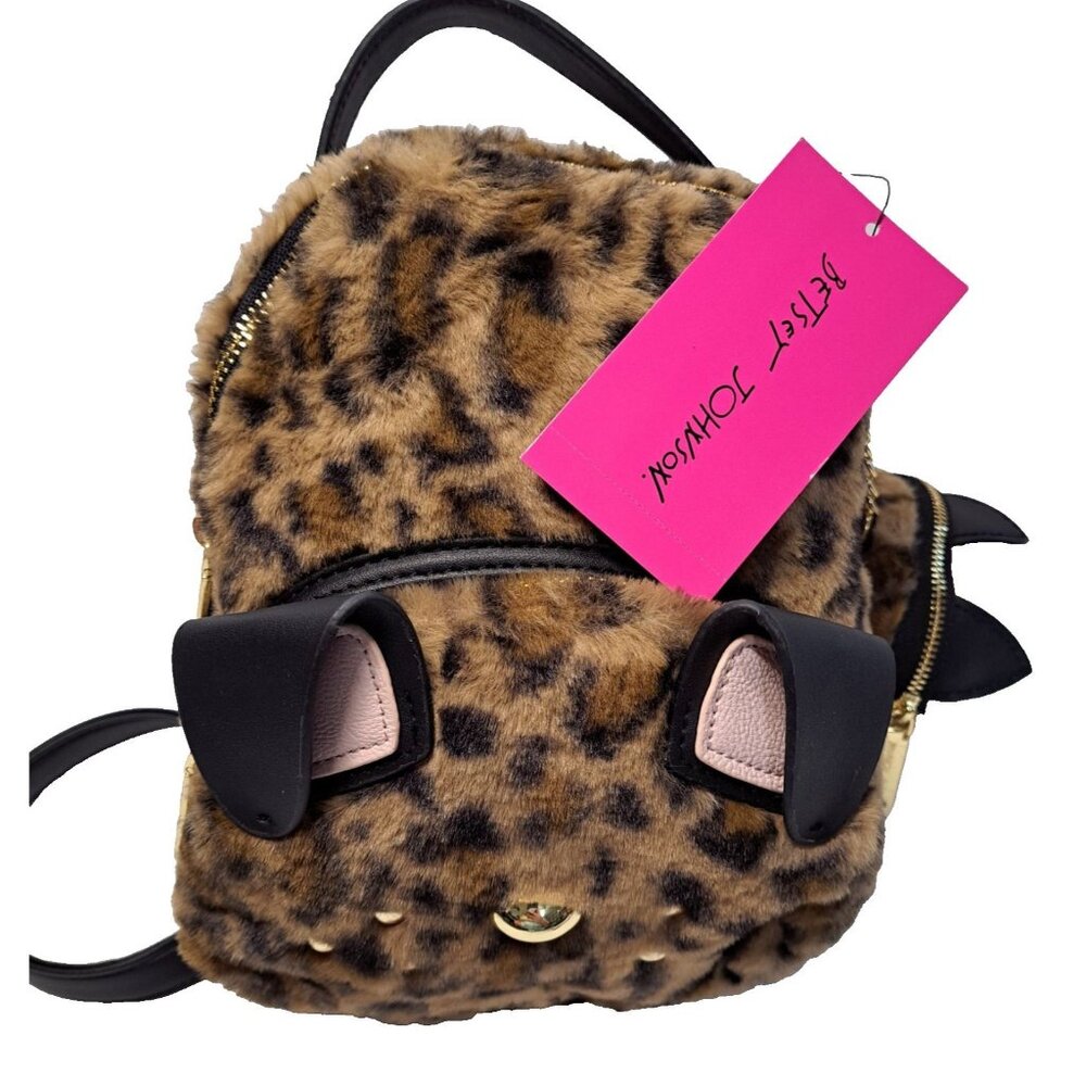 Betsey Johnson Mini Kitsch Faux Fur Cat Leopard Backpack Crossbody & Earbud Case